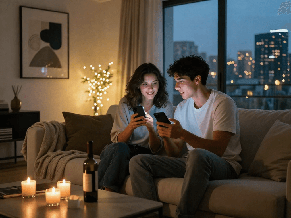Couple engaging in sexting ai on smartphones in a cozy, romantic penthouse living room.