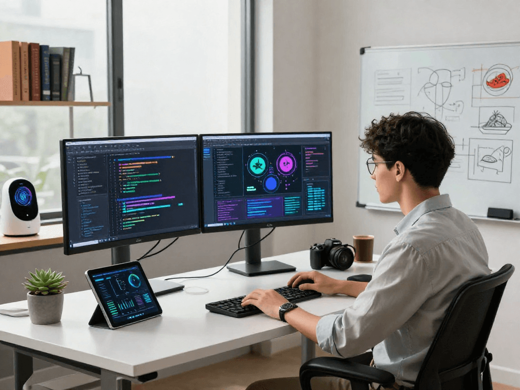 Creative workspace highlighting spicy ai development with coding screens, coffee, and modern tech decor.