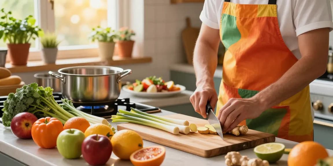 Cooking with fresh ingredients like ginger and lemongrass while preparing delicious meals in a vibrant kitchen, สล็อต recipes focus.