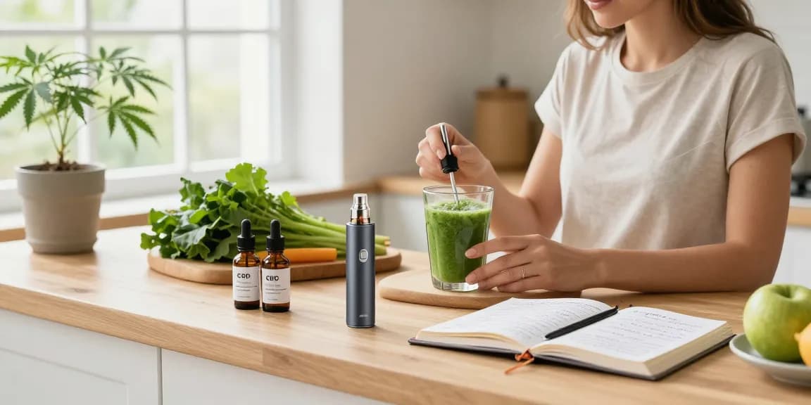 Lost Mary BM6000 vape device featured in a natural wellness setting with CBD oil and fresh ingredients reflecting a healthy lifestyle.