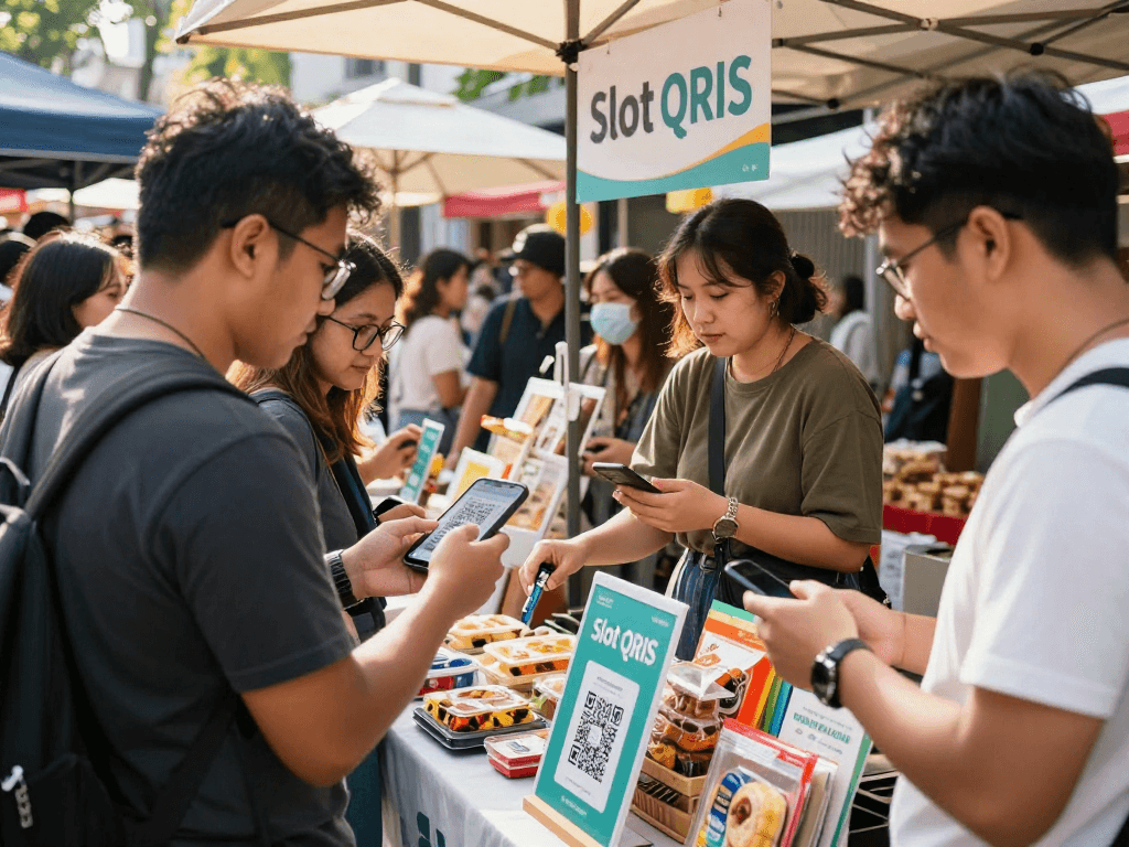 Engaging urban market scene with diverse individuals using slot QRIS payment methods, showcasing modern commerce.