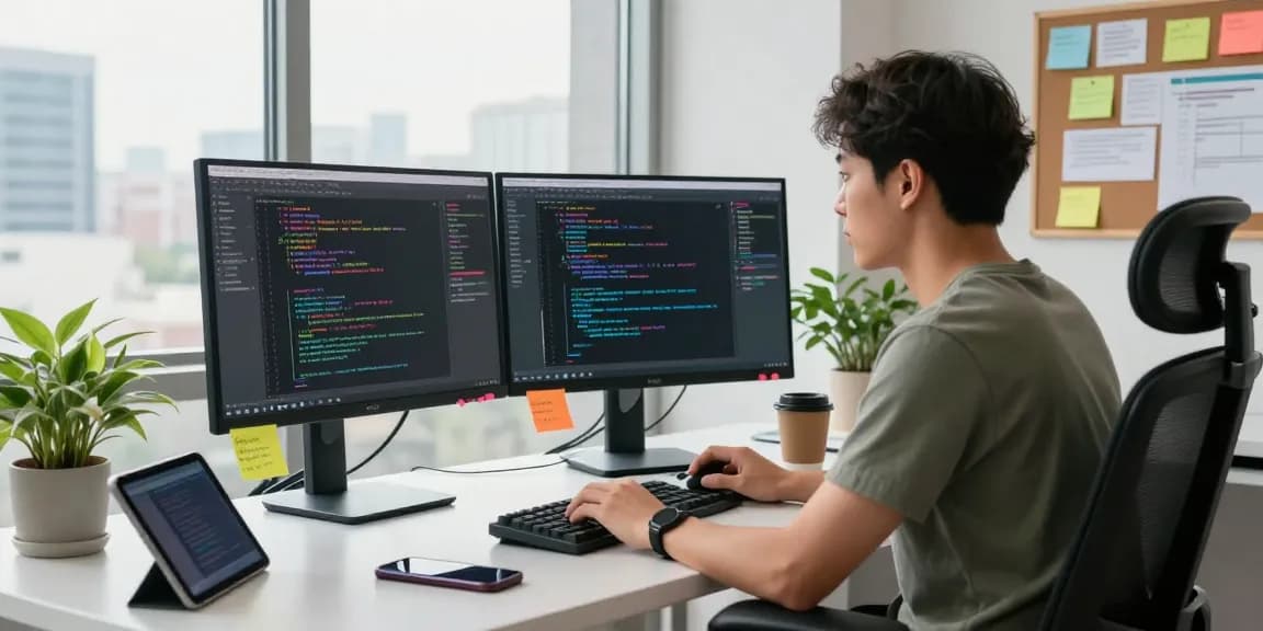Pemrograman wifi4d dalam lingkungan kerja teknologi modern dengan monitor dan catatan kreatif.