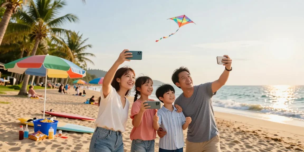 Traveling family enjoys eSIM कूपन for instant connectivity at the beach during golden hour.