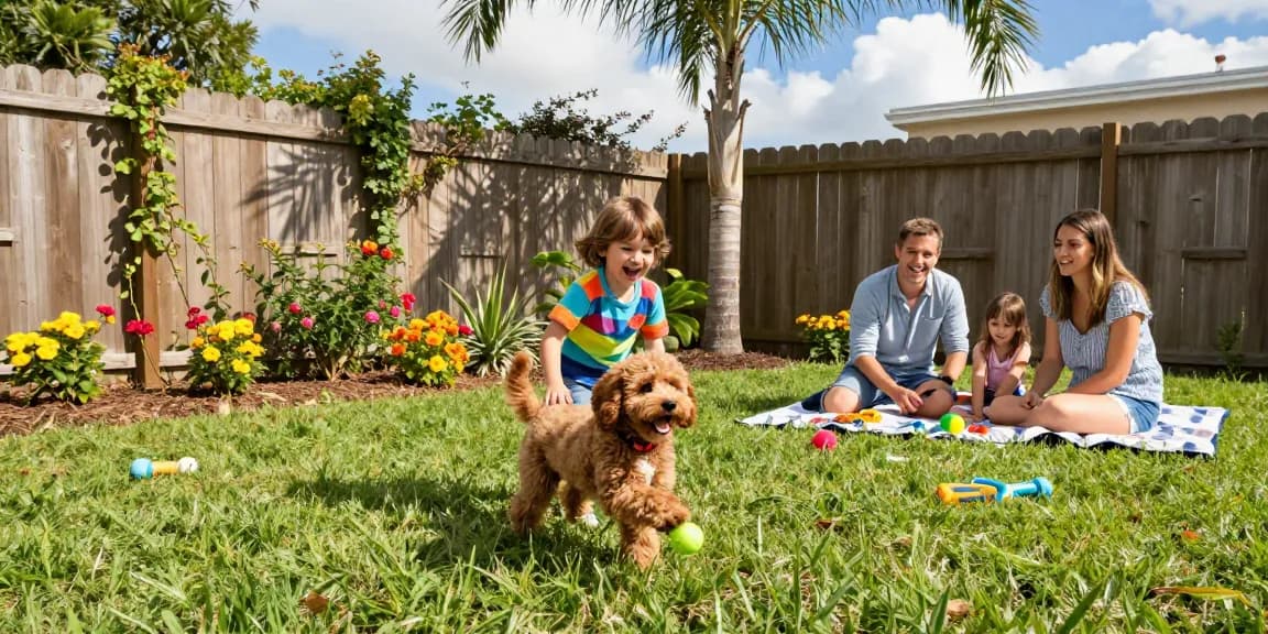 Cavapoo puppies Florida enjoying playful moments with a family in a sunny backyard.