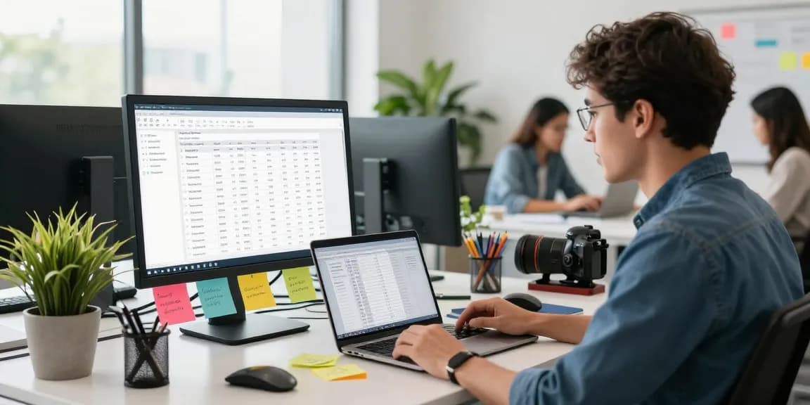 Digital marketer reviewing a list of newly registered domains for backlink strategies in a modern office.