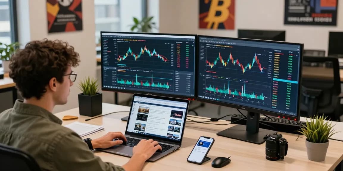 Cricbet digital wallet with cryptocurrency charts and trading data in a modern co-working environment.