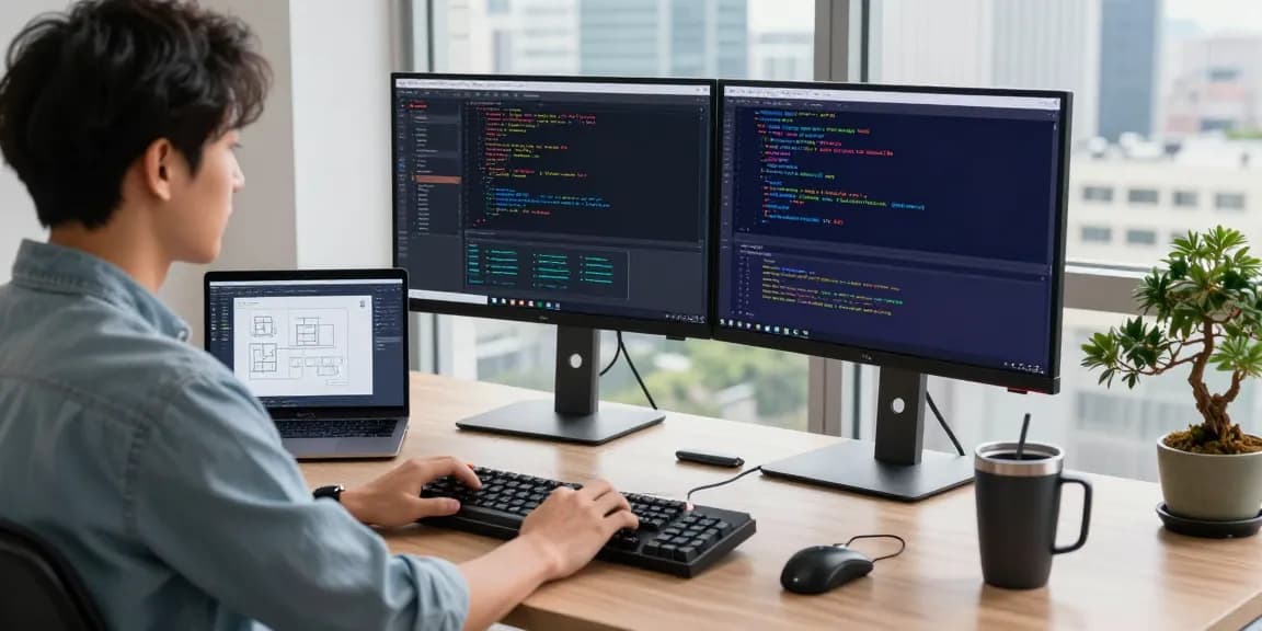 Workspace pengembangan perangkat lunak di https://miami4d.com/ dengan pengembang yang fokus pada monitor penuh kode.