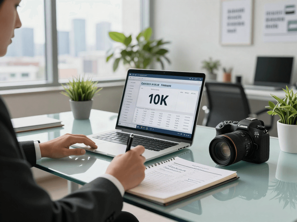 Finance professional discussing strategies to deposit 10k in modern office setting.