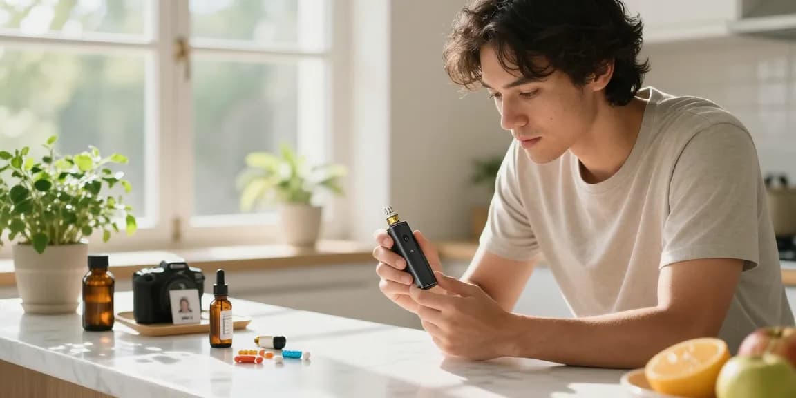 The legal age to vape in Cyprus confirmed with photo ID beside a vape device and wellness items in a bright kitchen.