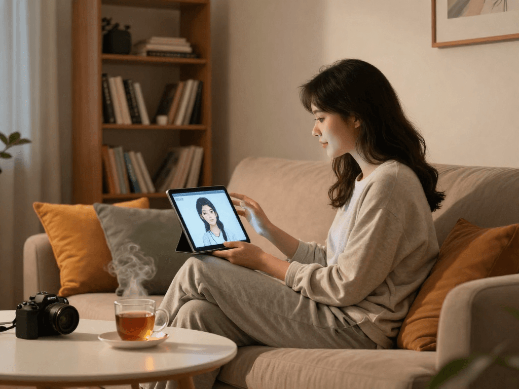 Engaging in ai porn chat sessions at home, cozy atmosphere with relaxed interaction.