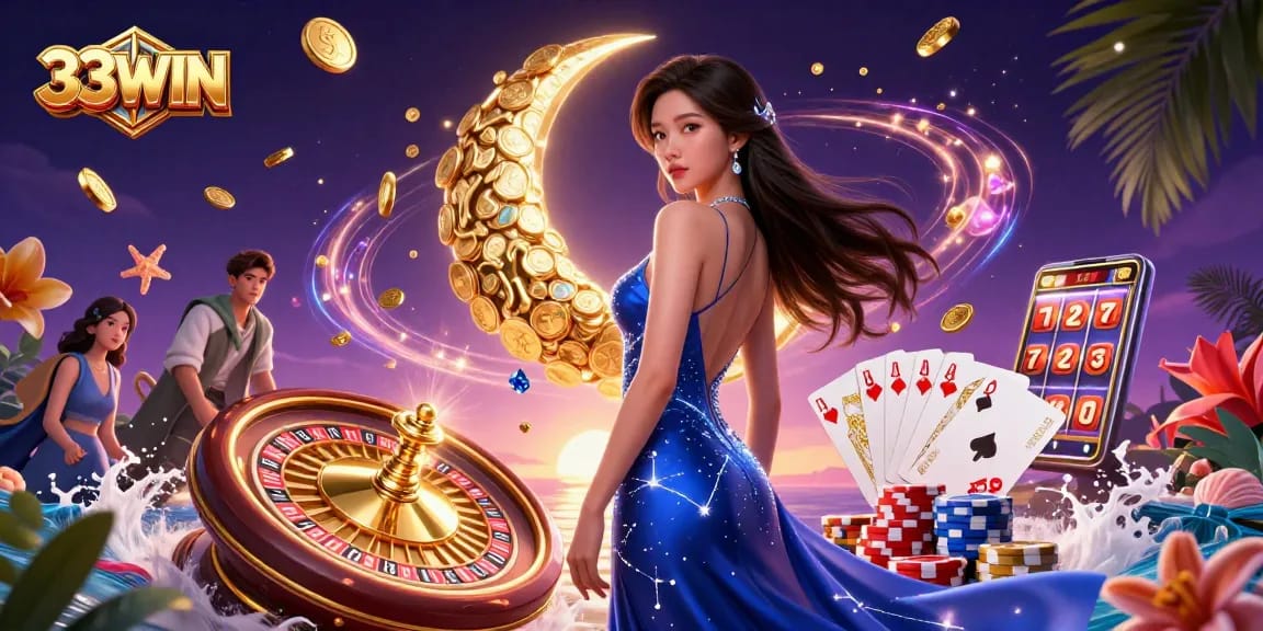 Experience the thrill with 33WIN as cascading coins and vibrant game elements come to life.