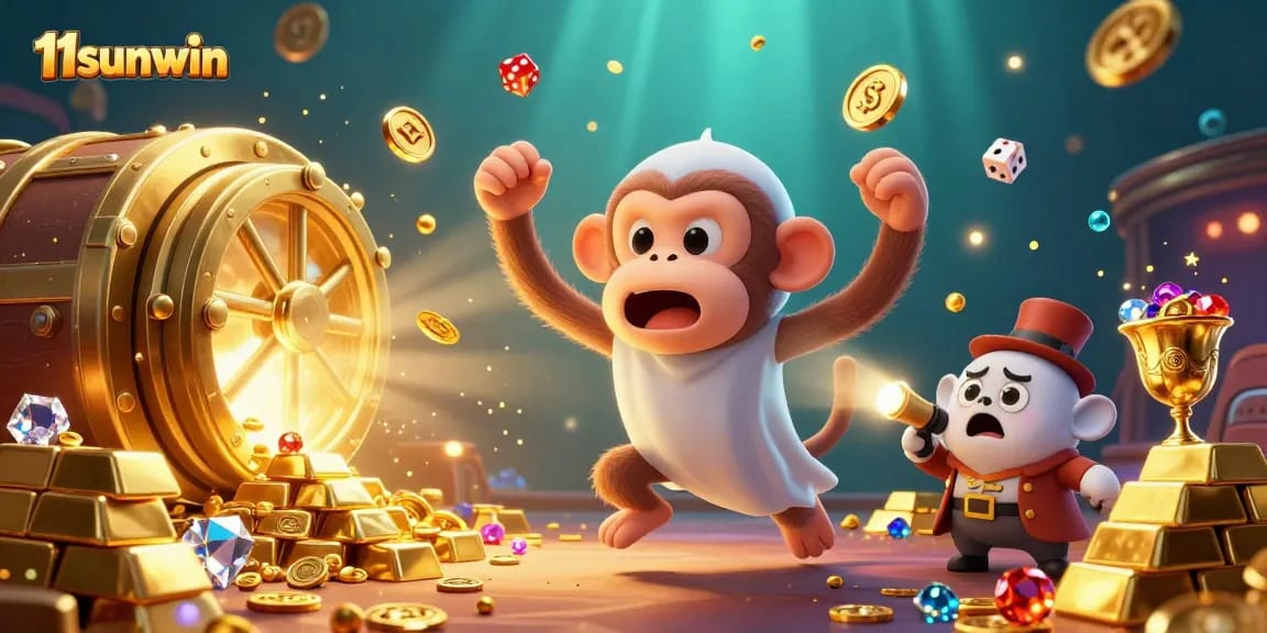 Experience the excitement of winning at 11sunwin with a lively casino scene featuring a playful monkey and curious puppy.