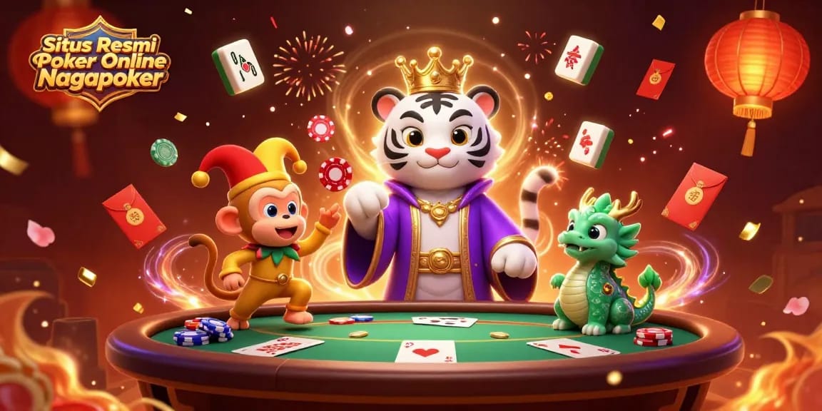 Situs Resmi Poker Online Nagapoker features lively characters and casino elements celebrating poker.