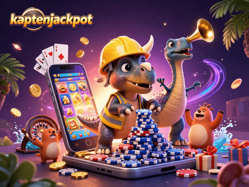 Celebrate jackpots with kaptenjackpot featuring lively dino characters amidst exciting casino elements.