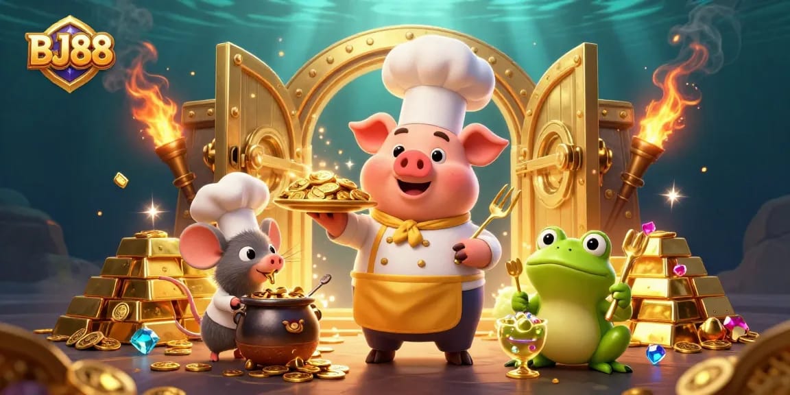 Experience the thrilling casino atmosphere of BJ88 with vibrant characters and gold treasures.