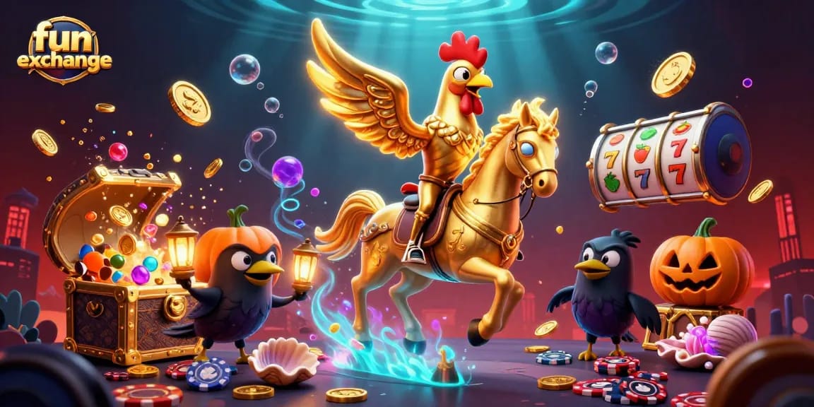Engage with fun exchange at the lively casino scene featuring golden rooster and spectral horse.