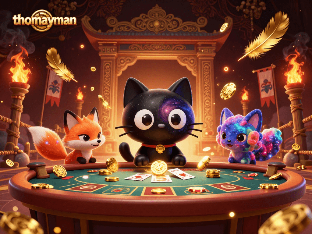 Engage in thrilling gaming at thomayman with a cosmic cat and a nebula fox at a vibrant casino table.