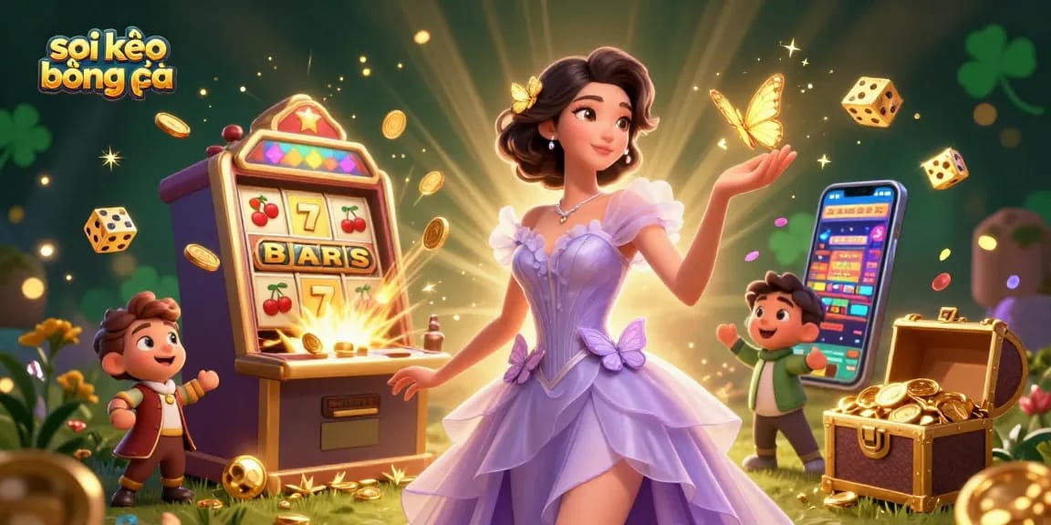 Soi kèo bóng đá illustrated through a stunning 3D scene featuring an Asian woman with golden details amidst casino symbols.