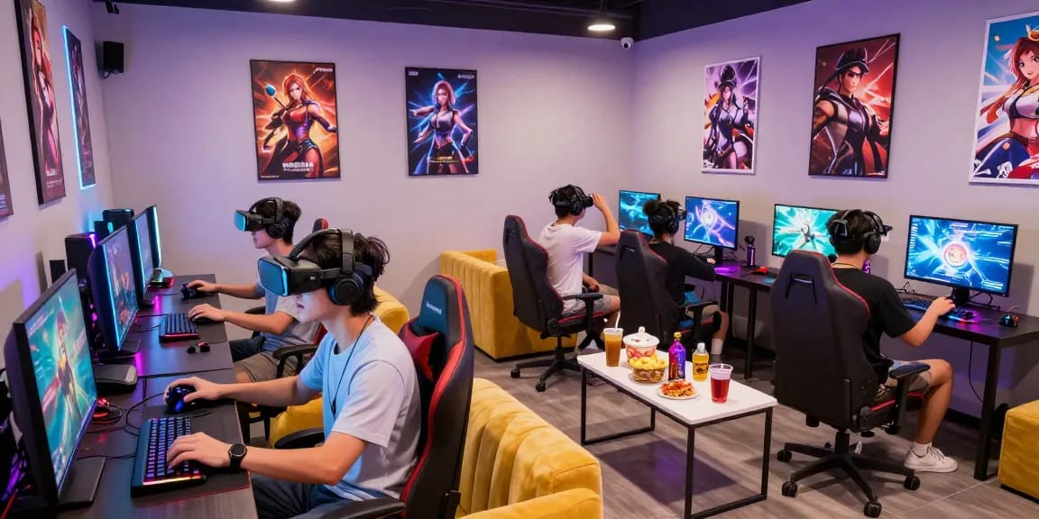Exciting players enjoying a 3D hentai game in a dynamic gaming lounge.