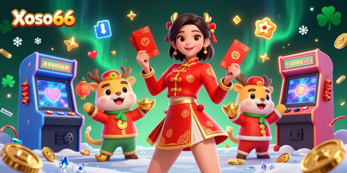 Engage in thrilling lottery experiences with Xoso66 as vibrant characters celebrate with lucky charms and festive elements.