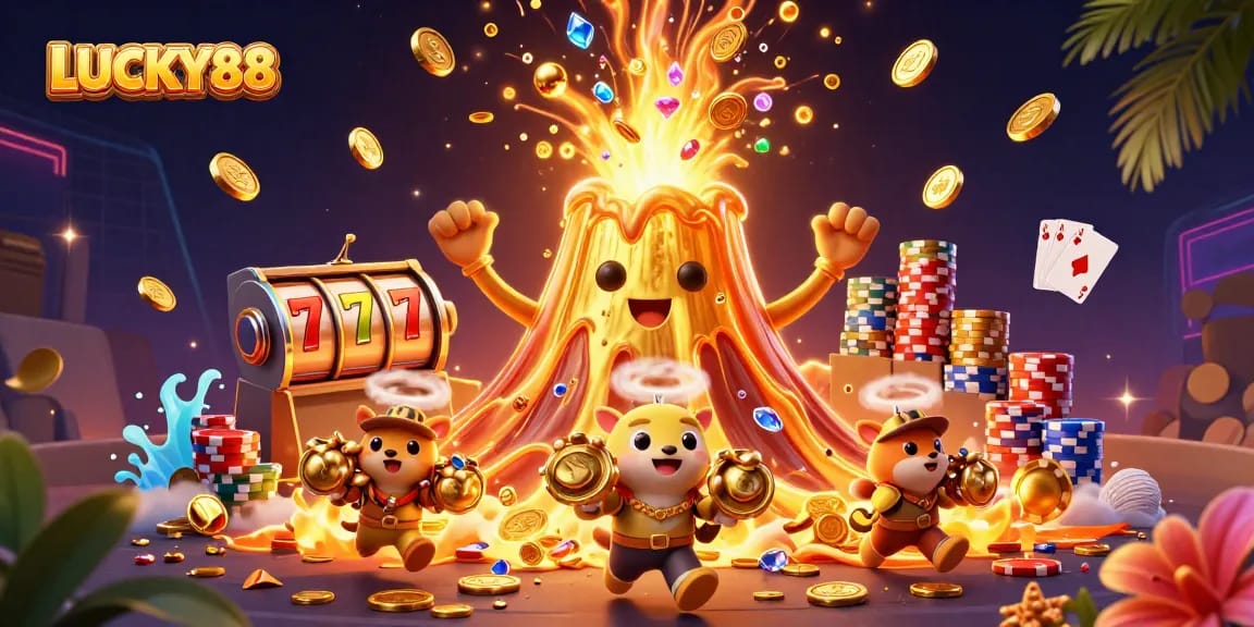 Play LUCKY88 slot and experience thrilling wins with golden treasures and vibrant casino elements.