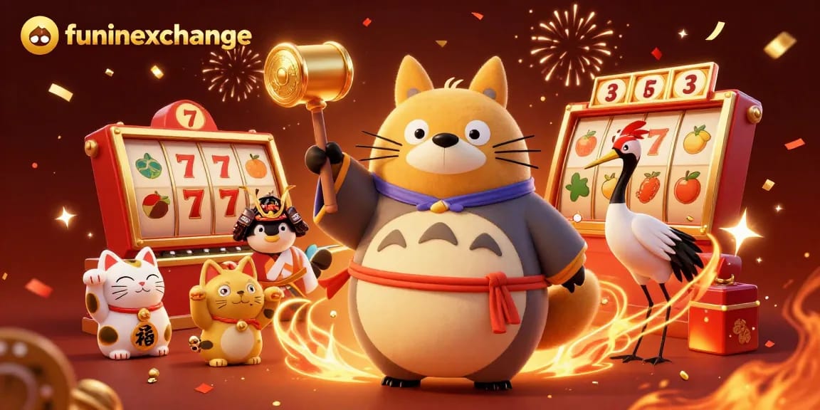 Experience funinexchange through an exciting 3D illustration of cheerful characters celebrating big wins in a vibrant casino environment.