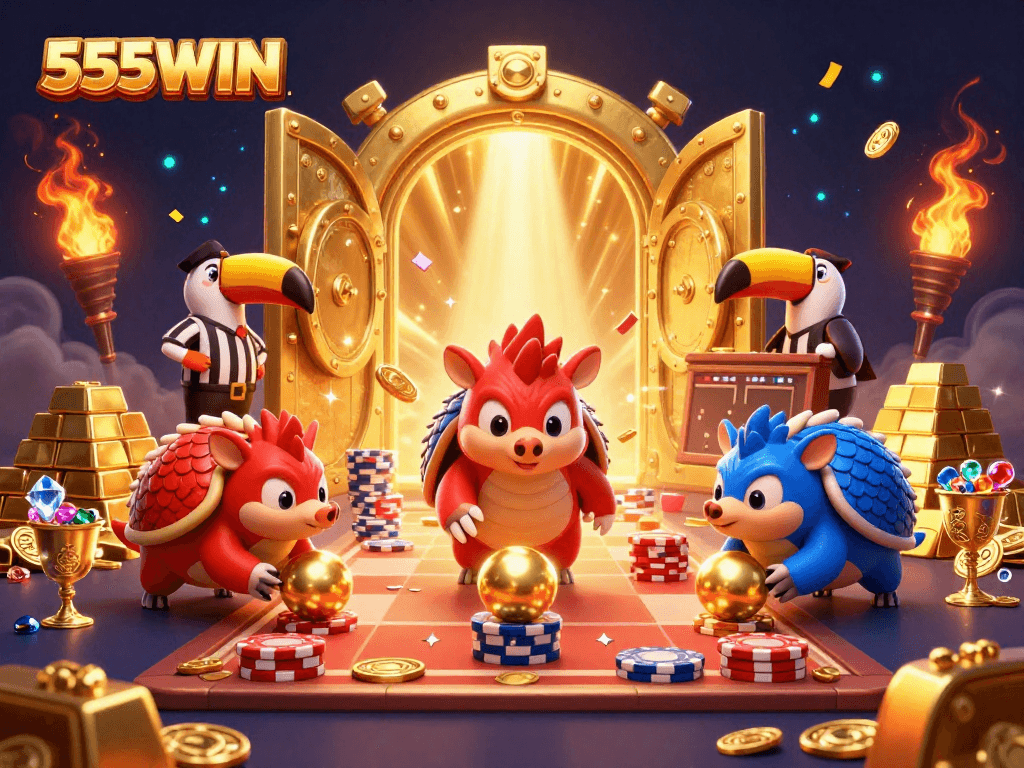 Experience the thrill of 555WIN with rival pangolins battling in a fantastic gambling scene.