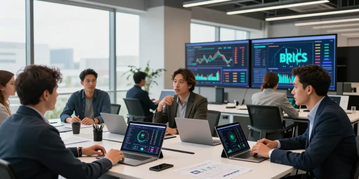 Investors strategizing to buy in BRICS crypto in a modern workspace.