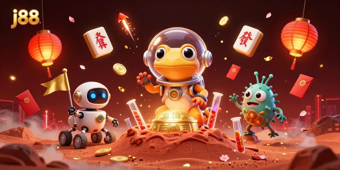 Experience j88 in a vibrant 3D scene featuring alien characters in a gold casino atmosphere.