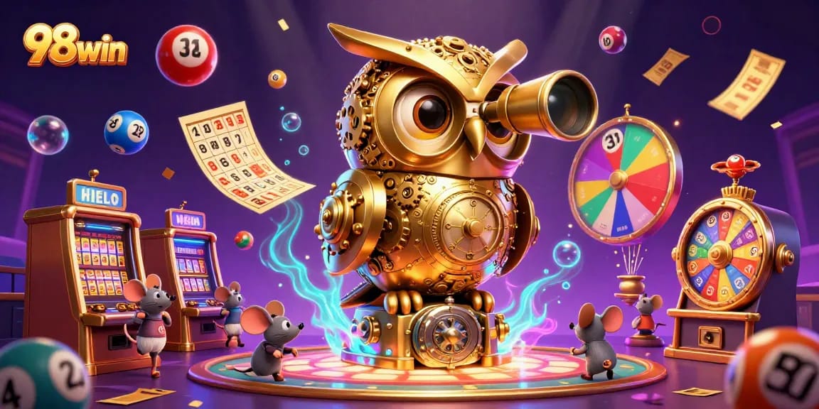 Experience a thrilling 98win casino adventure with vibrant games and colorful elements in this 3D illustration.