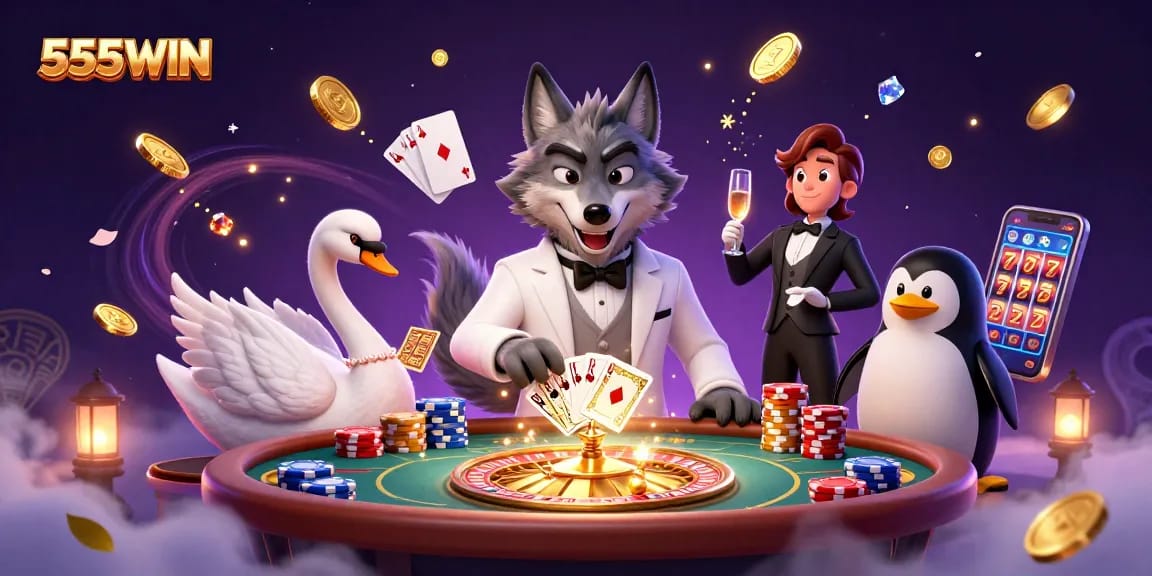 Engage with 555WIN’s vibrant 3D scene featuring a debonair wolf, elegant swan, and polished penguin at the baccarat table.