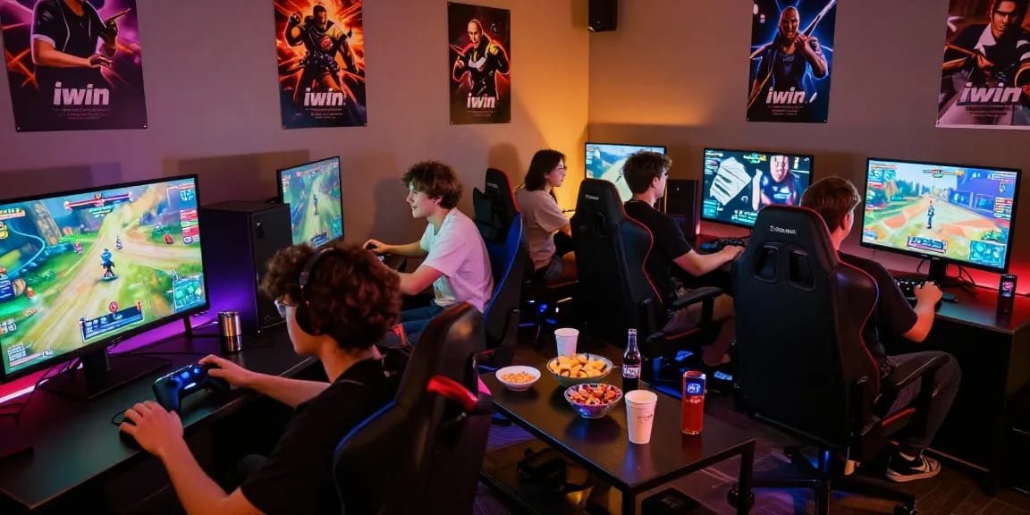 Friends enjoying a lively gaming session with iwin, showcasing excitement and camaraderie in a vibrant gaming lounge.