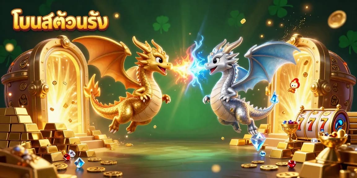 โบนัสต้อนรับ มีภาพภายในเกมคาสิโนที่มีมังกรทองและเงินต่อสู้กันเต็มไปด้วยสมบัติและความตื่นเต้น