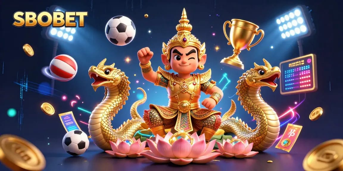 SBOBET empowers bettors with exciting sports bets, featuring vibrant sports balls and a glamorous backdrop.