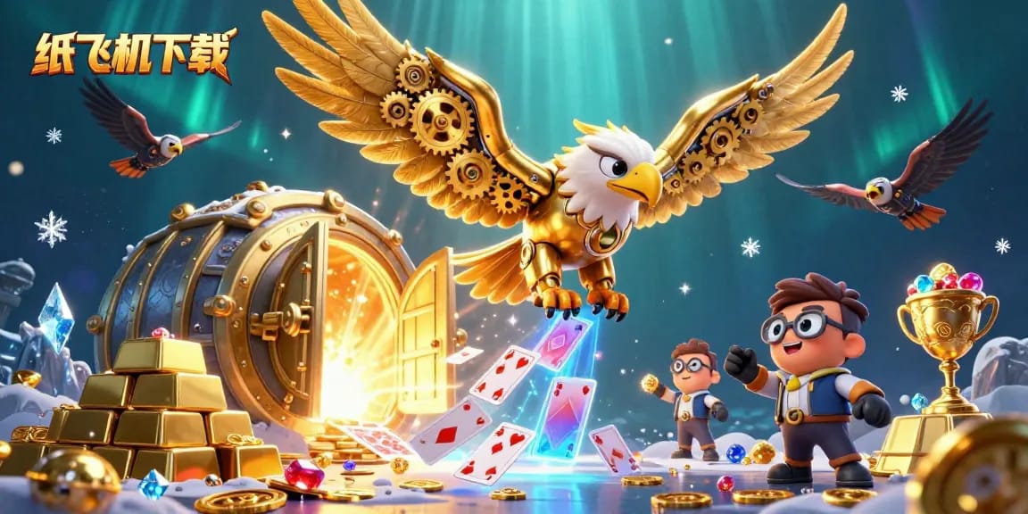 Experience the thrill of 纸飞机下载 as a golden eagle dives through holographic cards in a rich casino setting.