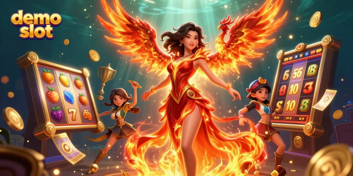 Play demo slot games with endless fun and dynamic visuals in a vibrant casino-themed illustration.