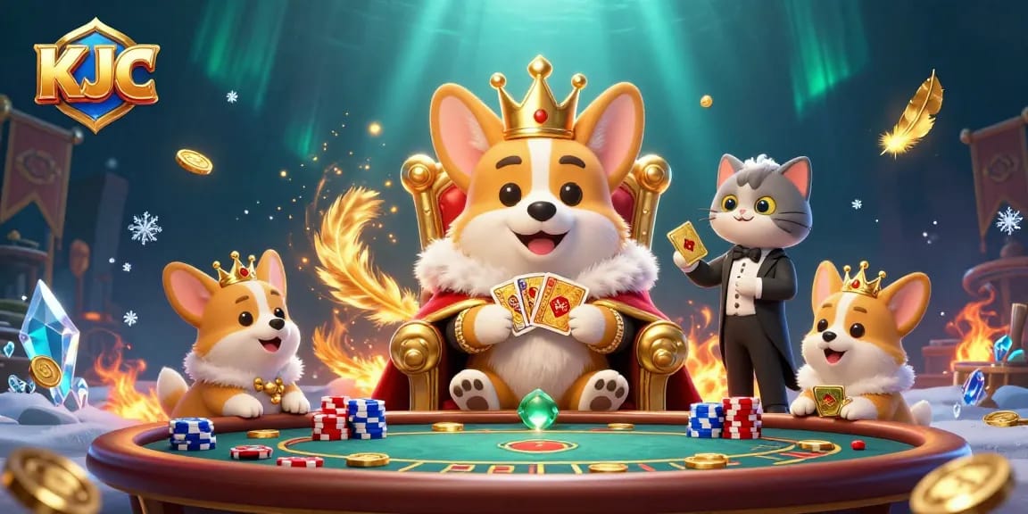 Engage with KJC in a colorful 3D casino scene featuring a royal corgi and a cat butler.