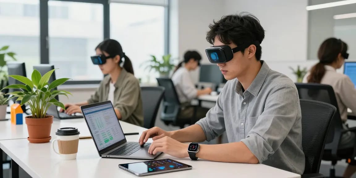 AI wearables enhance productivity in a modern office setting, showcasing tech-savvy professionals collaborating on projects.