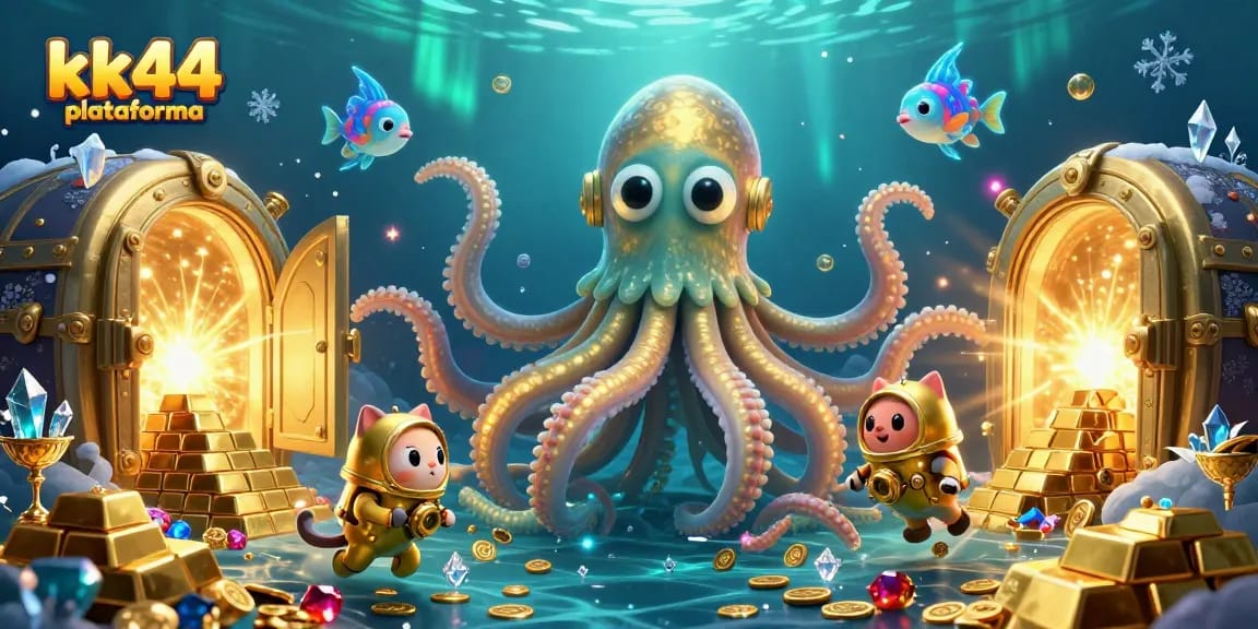 Experimente a emocionante kk44 plataforma com um kraken dourado e um gato mergulhador em um cenário cativante.