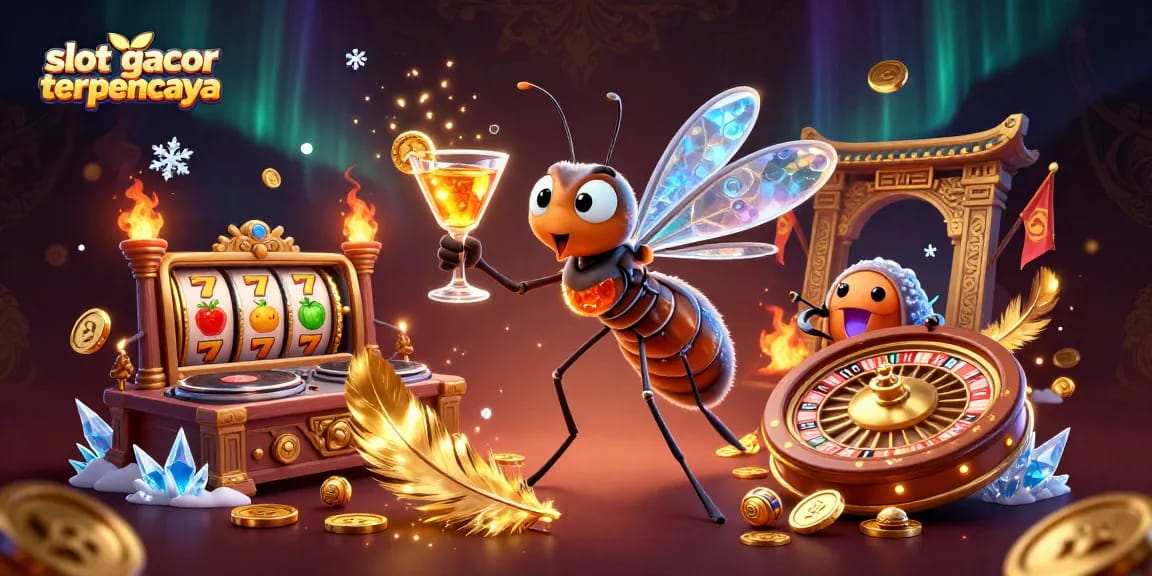 Slot gacor terpercaya dengan ilustrasi 3D karakter kasino dan elemen permainan menggoda dunia perjudian.