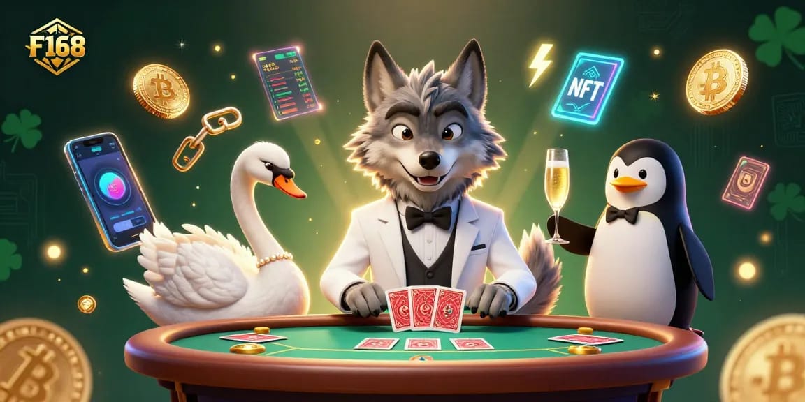 Engage with F168 casino magic featuring a wolf, swan, and penguin amid vibrant crypto elements.