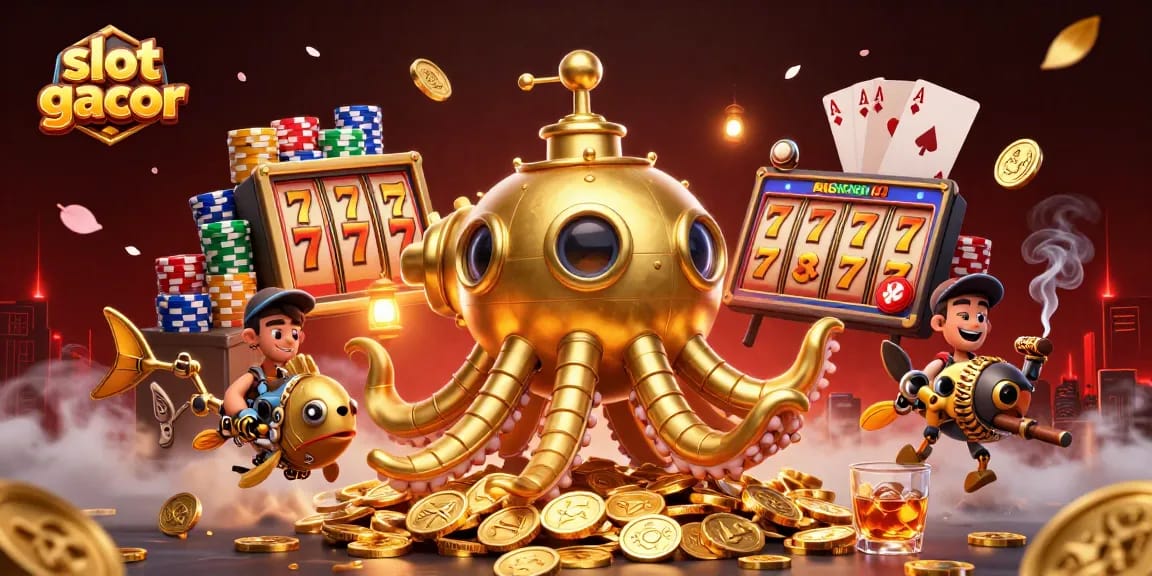 Experience thrilling slot gacor action with golden kraken elements in this vibrant 3D illustration.