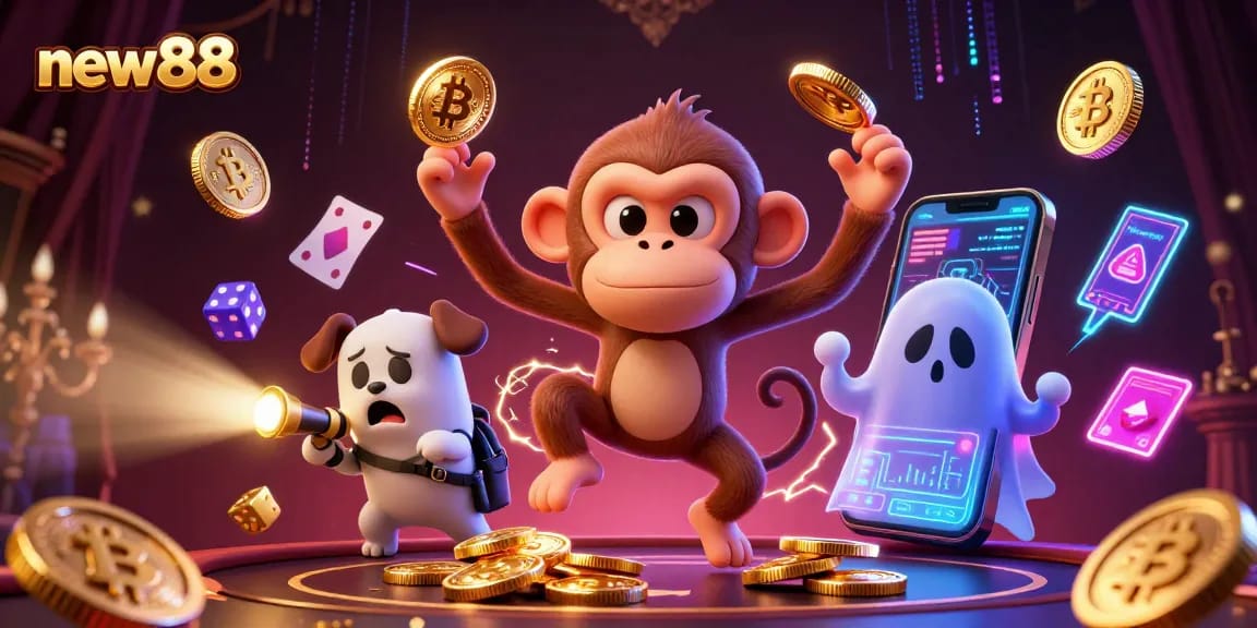 Experience high-stakes gaming at new88, with a playful ghost and golden casino treasures.