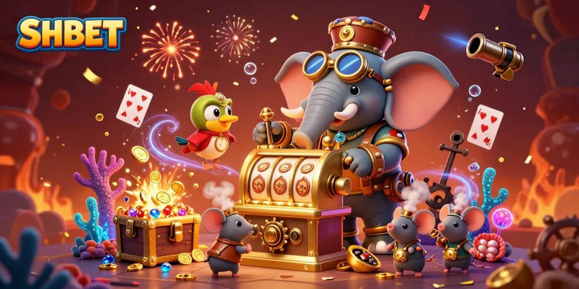 Engage with SHBET's vibrant gaming experience featuring a steampunk elephant and dazzling casino elements.