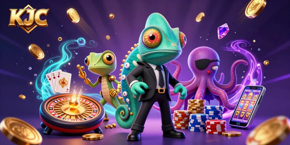 KJC spins golden coins and luck in an exciting casino scene with charismatic characters.