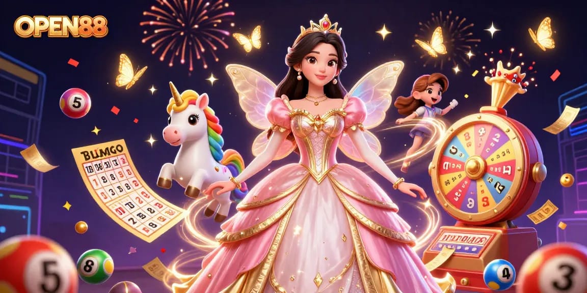 Play exciting casino games with OPEN88 in a vibrant, celebratory 3D illustration filled with lots of engaging elements.