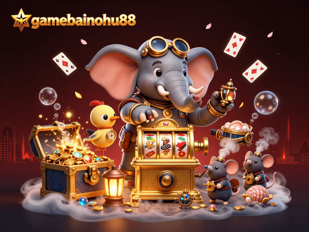 gamebainohu88 engages in thrilling slot adventures with a steampunk elephant, winning treasures and excitement.