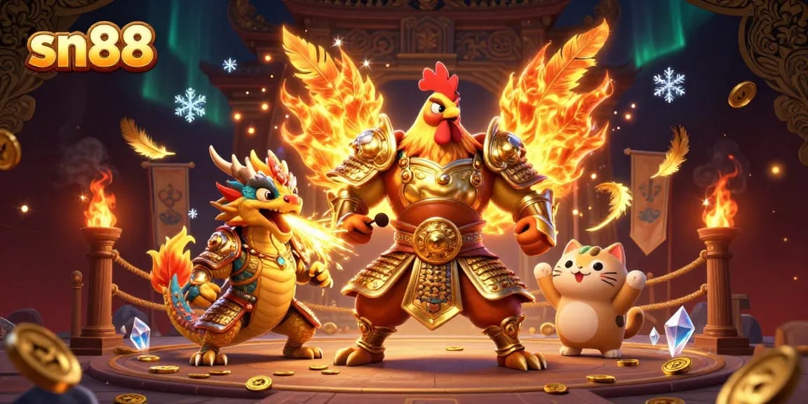 Experience excitement and engagement at sn88 with a dynamic gaming scene featuring a powerful rooster warrior and fiery dragon hatchling.