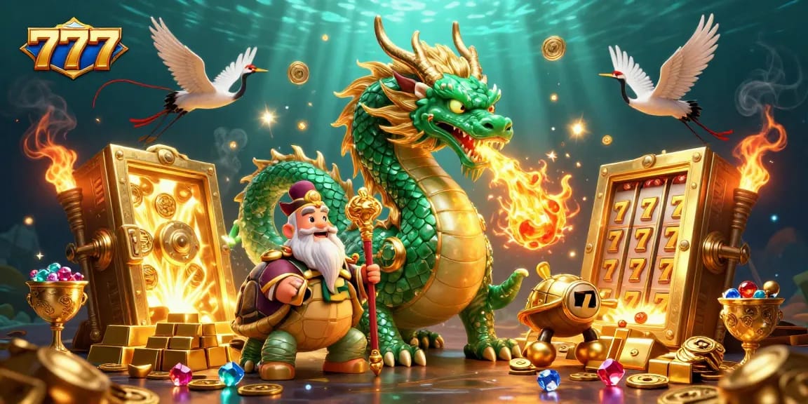 Experience 777 thrills with a jade dragon and lucky symbols in this vibrant casino scene.