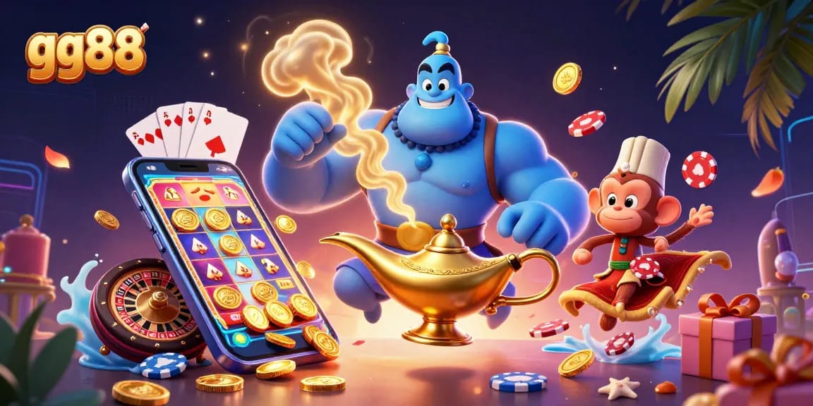 Experience thrilling gameplay with gg88, featuring a genie, monkey, and magic carpet amidst captivating casino elements.